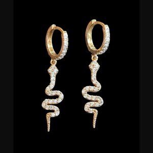 925 Sterling Yellow Gold Vermeil 11mm Huggie Hoop 1" Snake CZ Dangle Earrings